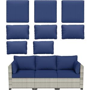 8 pcs Outdoor Cushion Slipcovers Outdoor Patio Cushions Covers Replacement Waterproof with Zipper w/3 Seat Cushion Covers and 5 Backrest Pillow Covers, Covers Only (Blue)