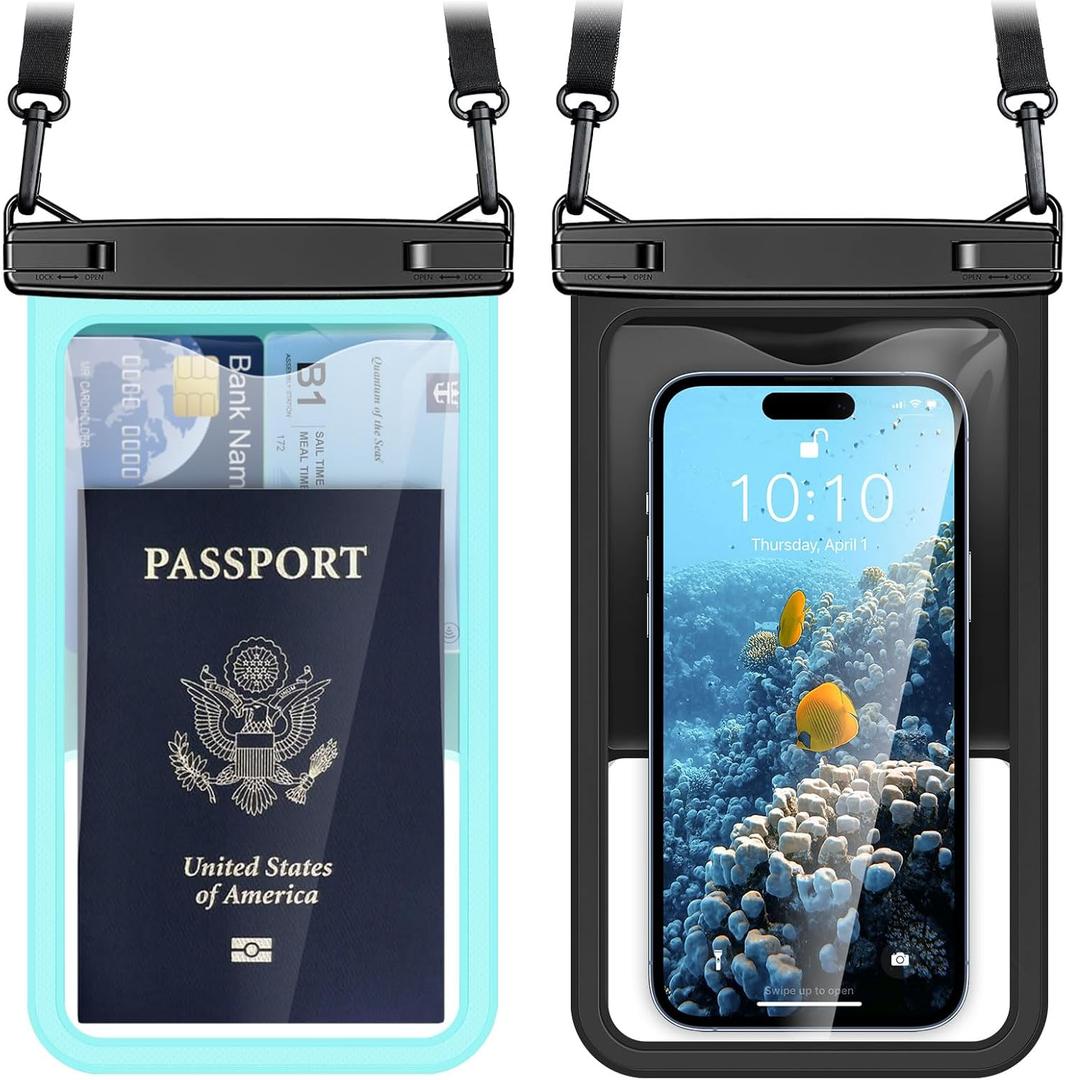 [Up to 8.5" Waterproof Phone Pouch - 2 Pack Waterproof Phone Case for iPhone 16 15 14 Pro Max Galaxy S25 S24 Ultra, IPX8 Dry Bag with Lanyard for Beach Travel Essentials (Black+Green)