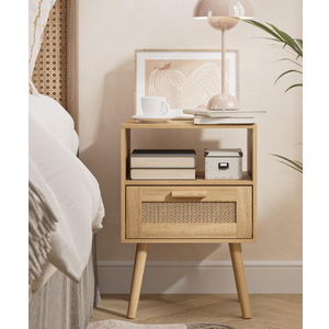 Nightstand, Small Night Stand, Side Table with Drawer Open Shelf, Cane Accent Bedside End Table with Wood Legs, Mid Century Modern Nightstand for Bedroom, Oak (Mid-Century Modern)