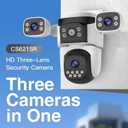 3-Lens PTZ Security Camera Outdoor Wireless WiFi, 6MP 3-Screen Display Home Surveillance Camera IP66 Waterproof Night Vision