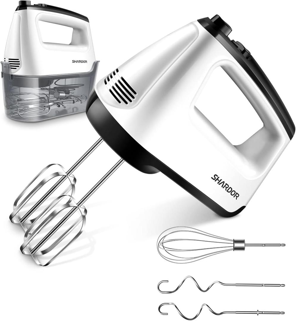 SHARDOR Hand Mixer Electric, 6 Speed & Turbo Mixer Electric Handheld, Snap-On Storage Case,5 Stainless Steel Accessories for Whipping, Mixing Cookies, Brownie, Cakes, Dough Batters, White SHARDOR Hand Mixer Electric, 6 Speed & Turbo Mixer Electric Handheld, Snap-On Storage Case,5 Stainless Steel Accessories for Whipping, Mixing Cookies, Brownie, Cakes, Dough Batters, White