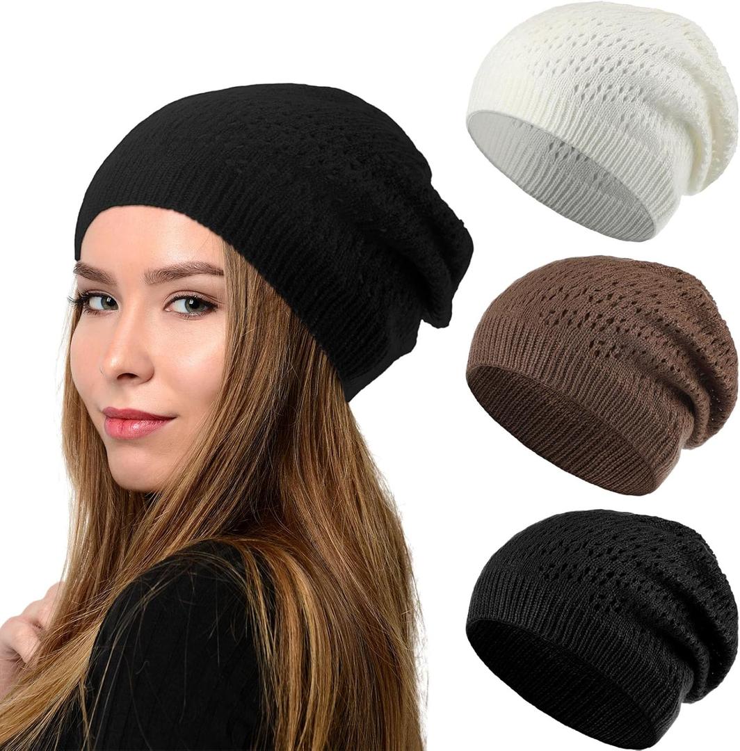 Newcotte 3 Pcs Crochet Slouchy Beanie Hat Women Handmade Knit Floral Summer Skull Cap Stretchy Lightweight Cotton Cutout (Stylish Color,Flower Style)