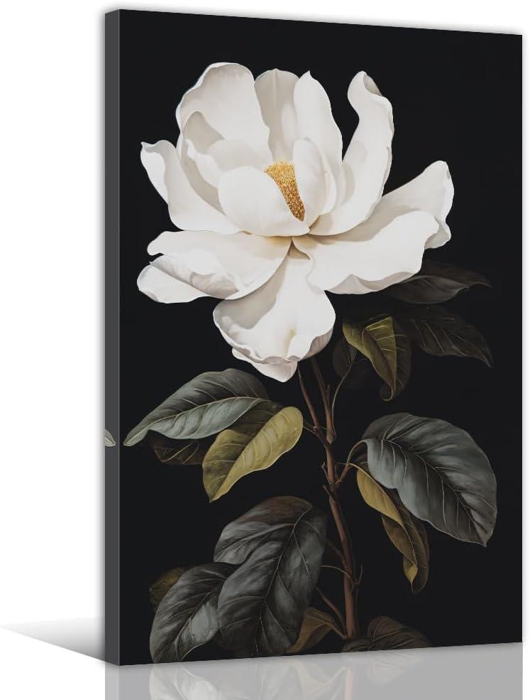 NAMENLAIMI White Floral Canvas Wall Art Magnolia Flower Picture Print Black and White Black and White Pictures for Bathroom Living Room Decor Framed(Magnolia-2,16.00" x 24.00")