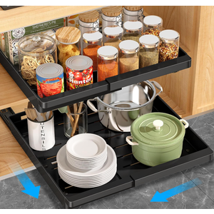 DOMNIU Pull Out Cabinet Organizers Expandable,Black,16.9"Depth,2 Pack | Slide Out Drawers for Kitchen, Bathroom, Pantry, Under Sink Storage, Fixed with Adhesive Nano Film (11.6''-17.5'')