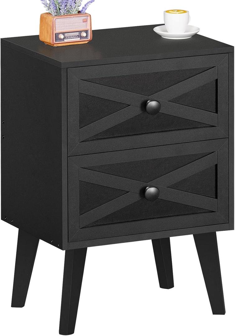 Lerliuo Nightstand, Black End Table with 2 Drawers Barn Door Decorated, Mid Century Modern Night Stand, Bed Side Table with Storage, Solid Wood Legs Cabinet Dresser for Living Room, Bedroom, Dorm (Set of 1)