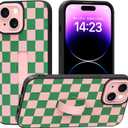 Yeddabox for iPhone 14 Case with Finger Strap Kickstand, Checkered Phone Case Full Camera Protection Shockproof Soft TPU and Hard PC Back Cover for Women Men, Pink and Green
