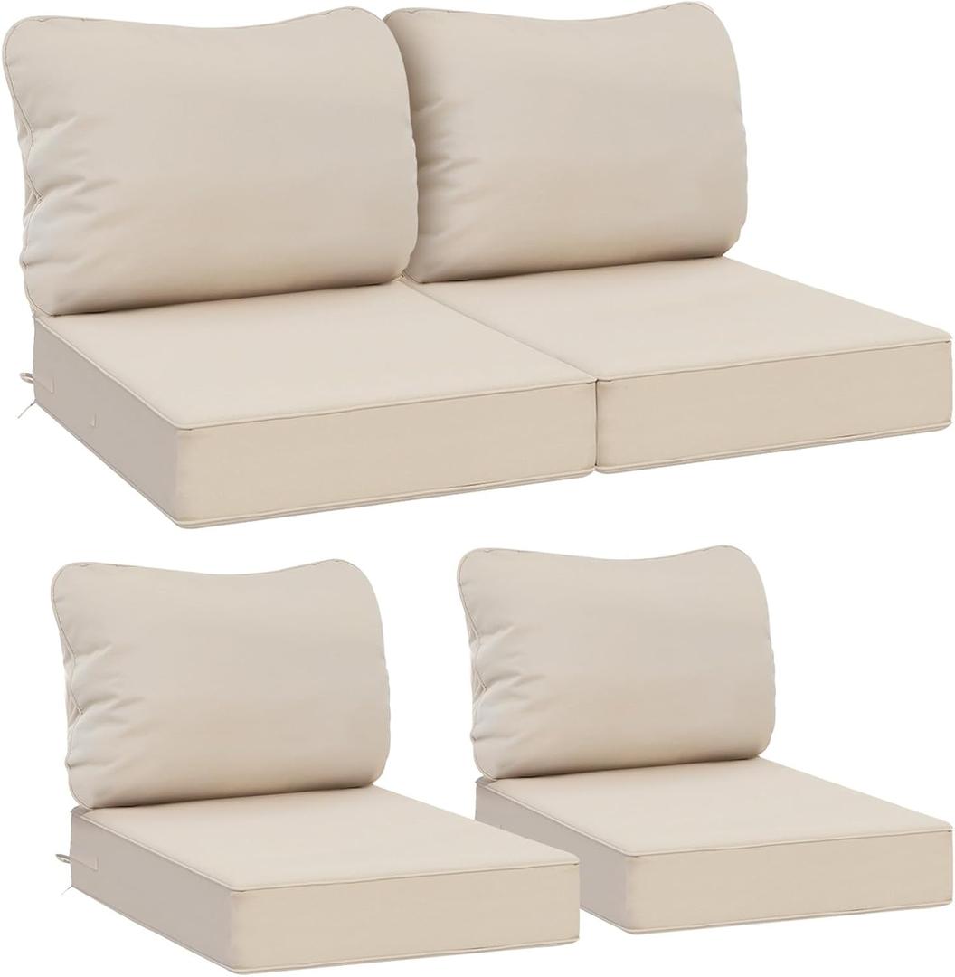 AAAAAcessories Outdoor Deep Seat Cushions, Waterproof, Fade-Resistant Patio Furniture Replacement Cushions, 23.5" x 25.5" x 5" + 23.5" x 19", Set of 4, Khaki Beige