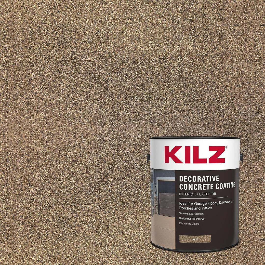 KILZ Decorative Concrete Coating, Slip-Resistant Tan Paint with Stone-Like Speckled Finish, Interior/Exterior Use on Garages, Patios, Driveways, Pool Decks & Walkways, 1 Gallon
