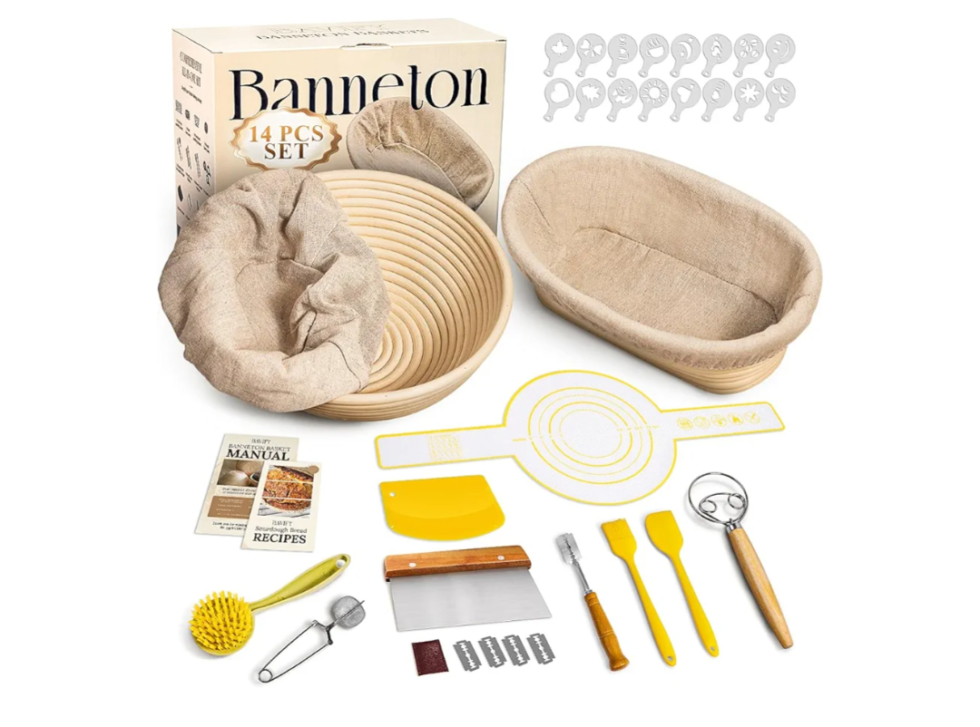 Sourdough Starter Kit, 9" Round & 10" Oval Banneton Bread Proofing Baskets Set, Sourdough Bread Baking Supplies Making Tools with Dough Scraper, Whisk, Bread Lame, Silicone Sling, Recipe