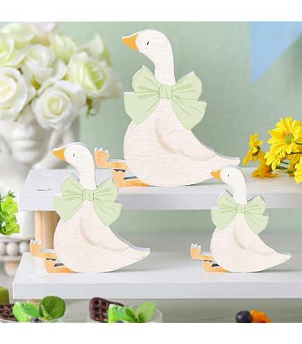Lineshading 3 Pcs Silly Goose Birthday Party Decoration Sage Green Bow Wooden Silly Goose Baby Shower Decor Funny Table Centerpiece Gift for Party Favor Desk Tiered Tray, 5.9/4.7/3.9 Inch 