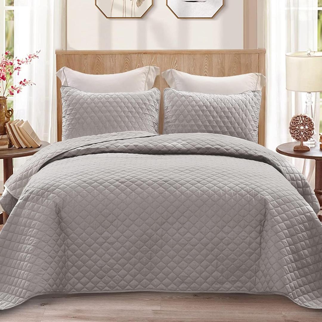Exclusivo Mezcla Reversible Full Queen Quilt Bedding Set with Pillow Shams, Lightweight Quilts Queen Size, Soft Bedspreads Bed Coverlets for All Seasons - (Light Grey, 90"x96")