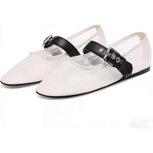 VOLEECE Mesh Ballet Flats for Women Buckle Strap Round Toe Mary Jane Flats Slip On Comfortable Casual Dress Ballerina Shoes, 8.5