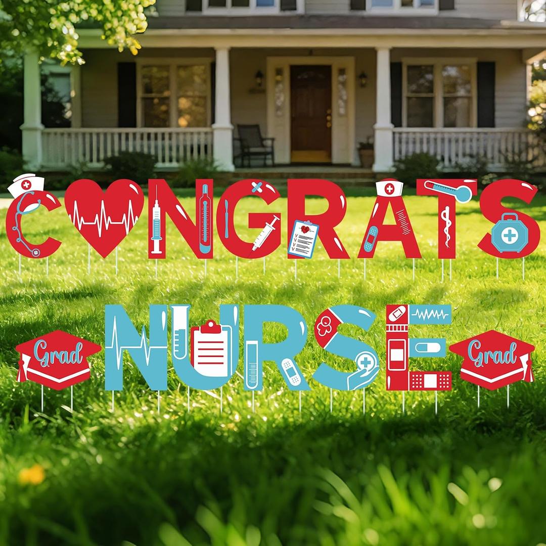 15 Pcs Nurse Graduation Yard Signs with 30 Stakes Nursing Graduation Decorations for Outdoor Waterproof Grad Cap Congrats Nurse Lawn Signs for Medical School Garden Grad Celebration Supply
