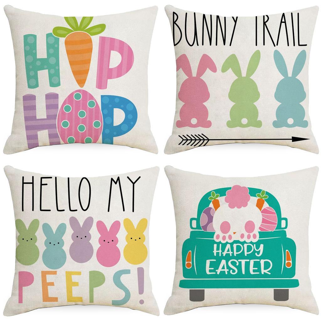 GEEORY Happy Easter Eggs Hello Peeps Throw Pillow Covers 18x18 Inch Set of 4, Hunny Bunny Polka Dots Spring Decorative Farmhouse Holiday Cushion Case for Home Decoration G687-18