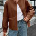 Cicy Bell Womens Button Down Bomber Jackets Puff Sleeve Cropped Pea Coats Casual Fall Color Block Outerwear (Small, Brown)