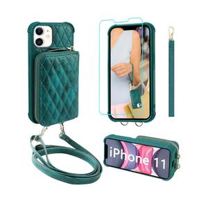 MONASAY Zipper Wallet Case Fit for iPhone 11,[Glass Screen Protector ][RFID Blocking] Flip Leather Handbag Phone Cover with Card Holder and Detachable Crossbody Shoulder Lanyard Strap, Dark Green
