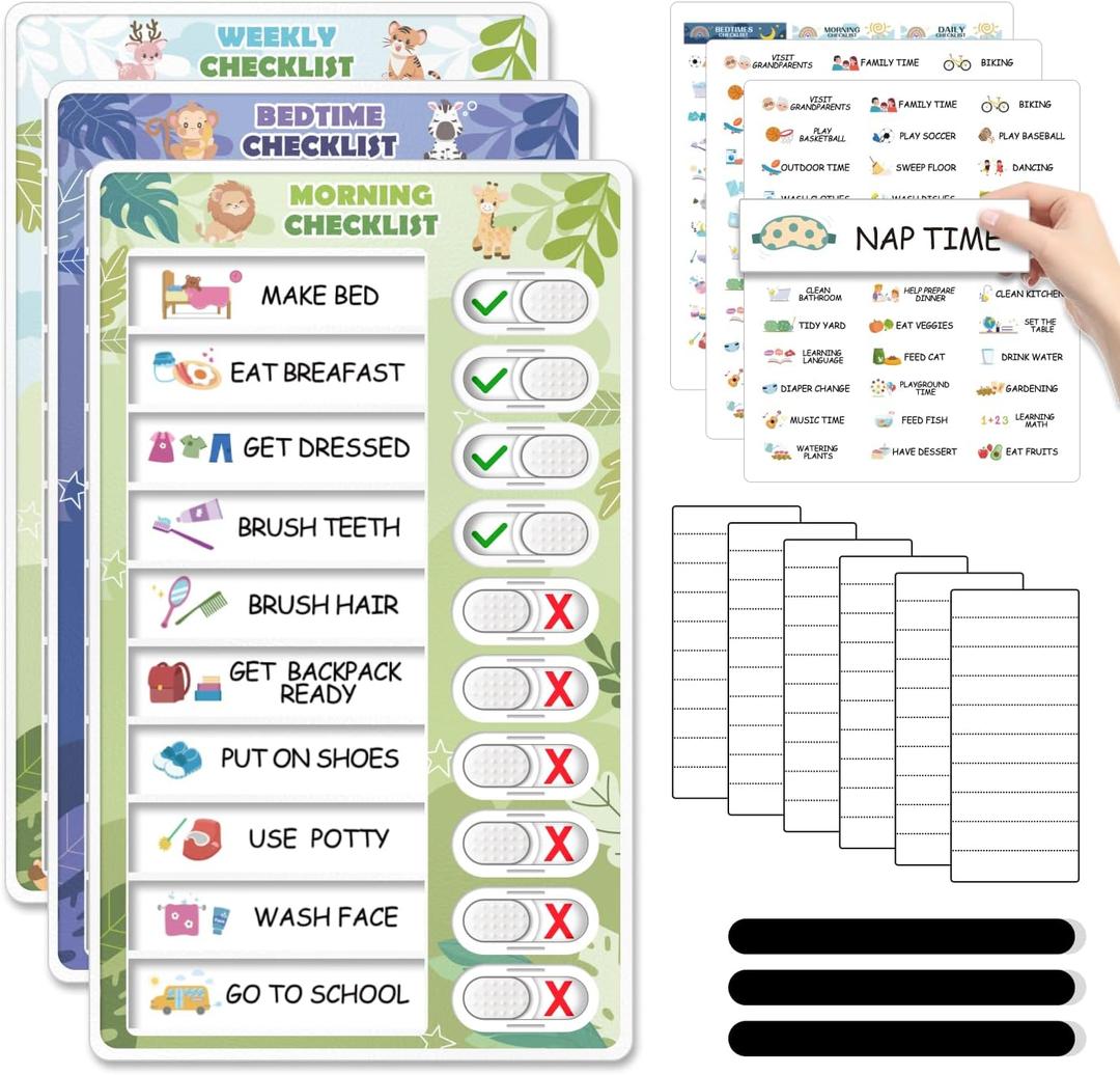 3 in 1 Bedtime/Morning/Weekly Zoo Routine Chart for Kids, Magnetic Chore Chart for Toddlers, Visual Schedule for Kids Toddlers Schedule Board for Home