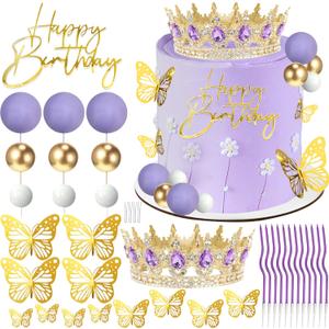 AMZVALU Crown Cake Topper, Balls Happy Birthday Cake Topper Purple Crown Birthday Candles Gold Butterflies, Corona Para Pastel, Cake Decorations for Birthday Wedding (Gold, Purple)