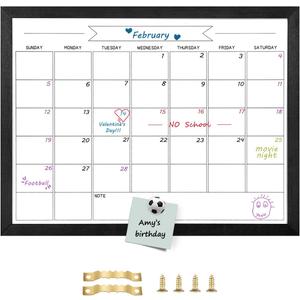 Dry Erase Monthly Calendar Whiteboard, Magnetic Whiteboard for Wall, Solid Pine Wood Black Framed Message BoardHanging Board for Office, Home School, 17.7"x 23.6"(YL-BK-4560-B)