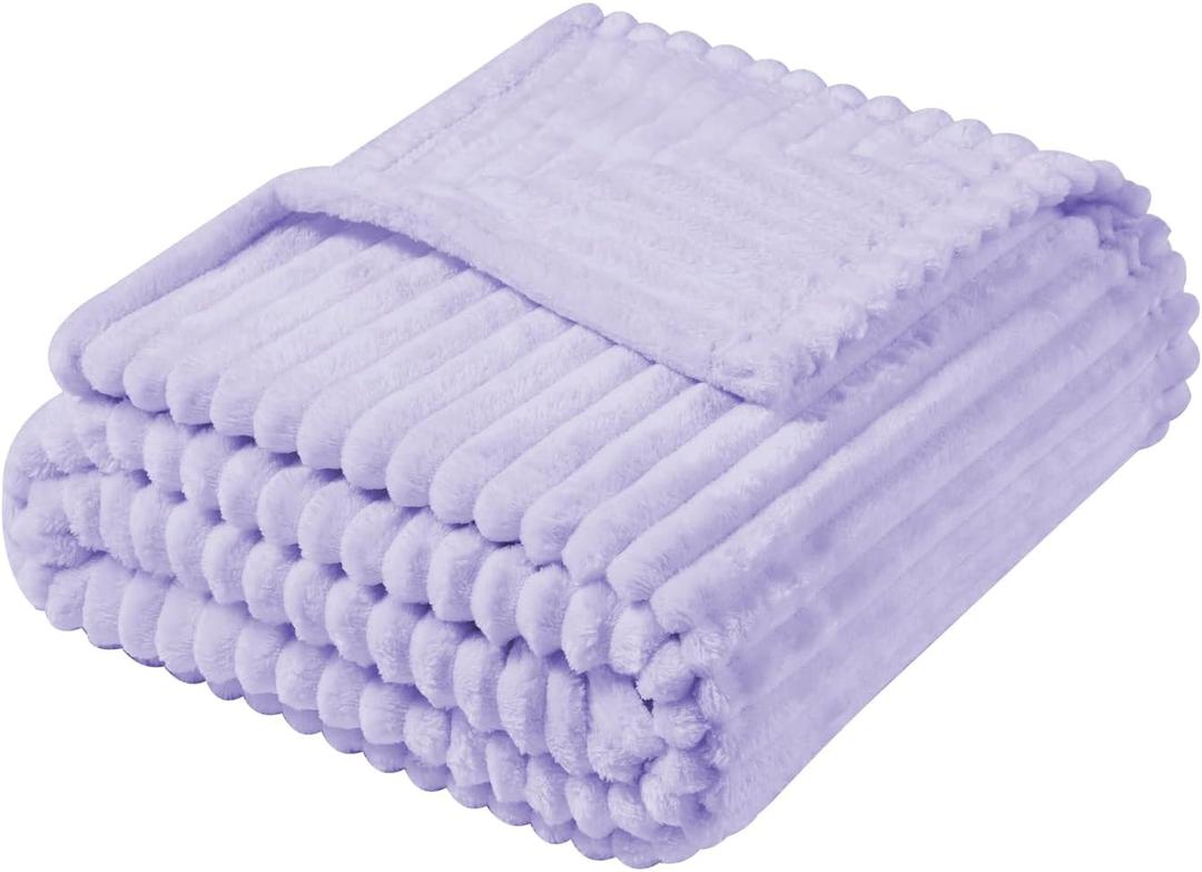 Flannel Fleece Throw Blanket for Couch,Sofa,Bed, 300GSM Striped Light Purple Blanket for Adults, Super Soft Warm Cozy Lightweight Ribbed Lilac Throw for All-Season(Lavender  60x42Inch)