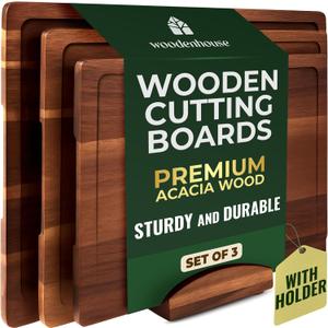 Acacia Wood Cutting Board Set of 3 with Holder, Juice Grooves & Built-in Handles - Durable, Wooden Cutting Boards for Kitchen, Perfect for Chopping, Food Prep and Serving as a Charcuterie