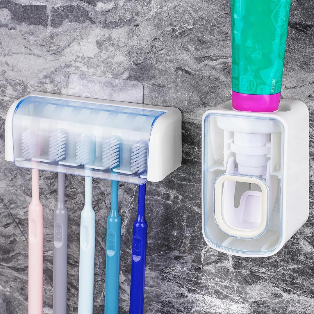 5 Slots Wall Mount Toothbrush Holder with Cover, Self Adhesive Toothbrush Storage Organizer for Shower, Toothbrush Hanger with Automatic Toothpaste Squeezer Dispenser (White + Blue)