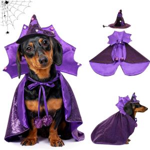 Small Dog Halloween Costumes, Dog Witch Costume Wizard Hat and Cape, Corgi Dachshund and French Bulldog Funny Cute Puppy Costumes with Adjustable Straps for Small Medium Dogs and Cat (S)