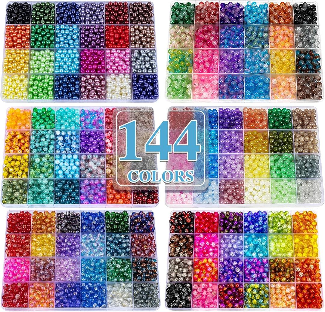 XSEINO About 7200PCS 6mm Glass Beads Bracelet Making Kit,144 Assorted Designs Special Color Series Crystal Floral Pearl Crack Ink Dual Colorful Beads for Bracelet and DIY Crafts and Jewelry Making