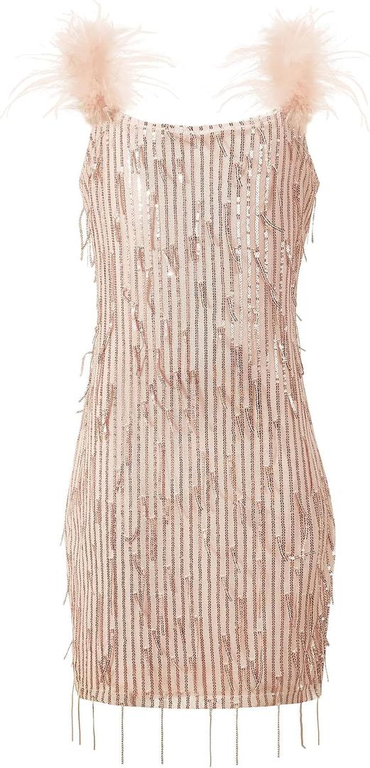 EXARUS Girls Sparkle Dress Sequin Tassel Teen Bodycon/A-Line Splice Furry Strap Graduation Dance Party Kids Cute Dresses (Beige)