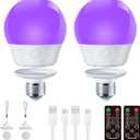 Brightown E26 Rechargeable UV Light Bulbs with Remote and Timer, 120V E26 Base UVA Level 385-400nm, Glow in The Dark for Blacklight Party, Body Pain, Halloween, Purple + UV Purple Mode, 2 Pack