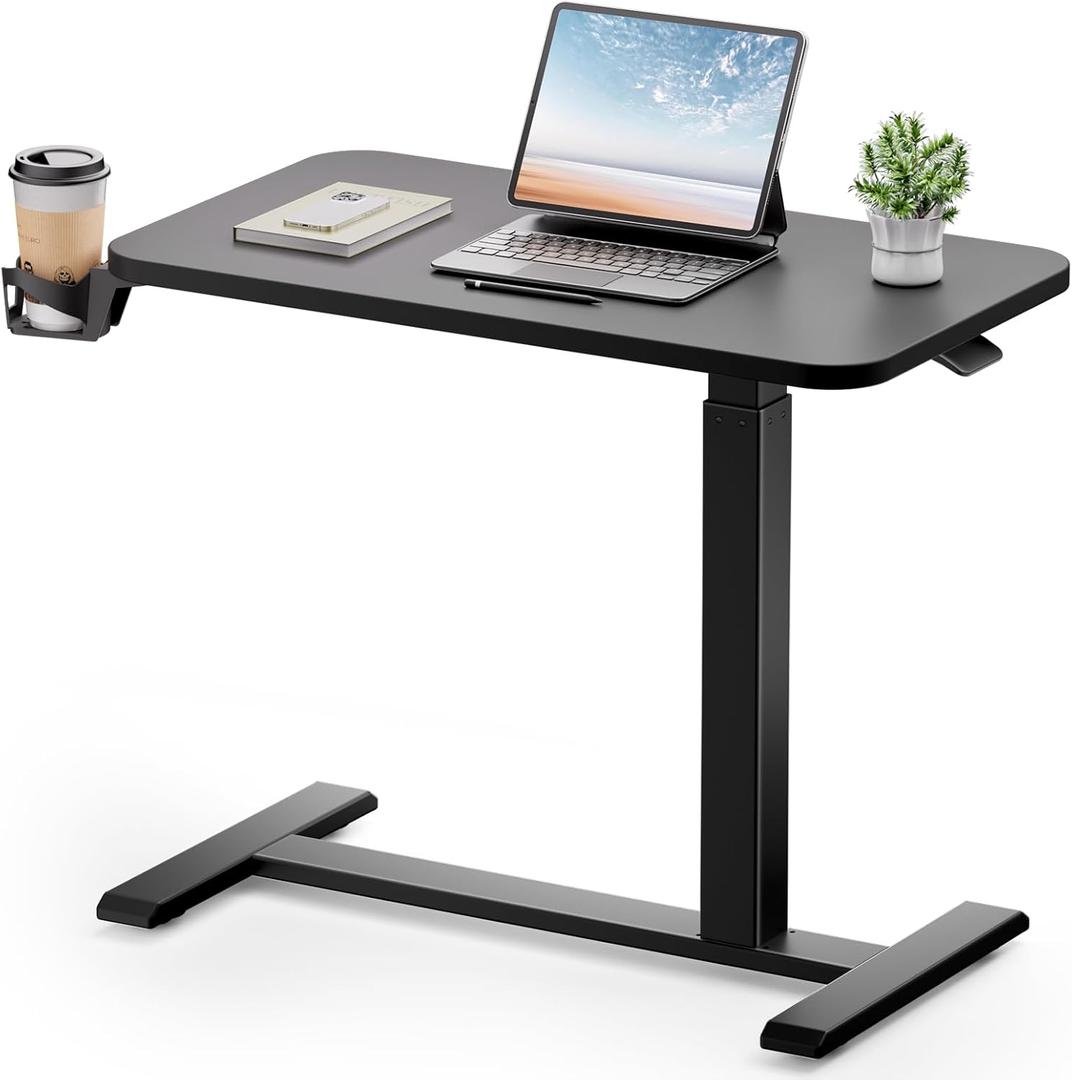 GTPLAYER Small Standing Desk with Hidden Wheels, Pneumatic Mobile Rolling Laptop Desk, Adjustable Height Overbed Bedside Table Computer Workstation for Home Office (32" W x 16" D, Black)