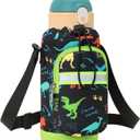 Water Bottle Carrier for Kids - Water Bottle Holder with Strap, Boys Water Bottles Sling Bag for 10/12/14/16/18Oz Water Bottles Walking Hiking Trip Camping, Black Dinosaur