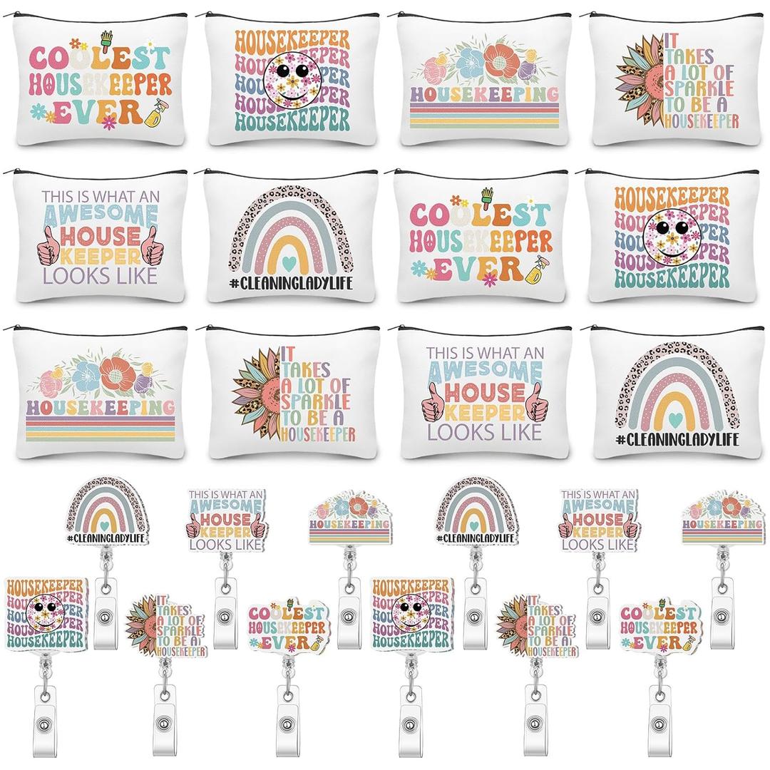 Kacctyen 24 Pcs Housekeeping Gifts Bulk 12 Thanksgiving Makeup Bag 12 Retractable Badge Reels Housekeeping Appreciation Gift for Housekeeper Cleaner Staff Team Employee Coworker Custodian