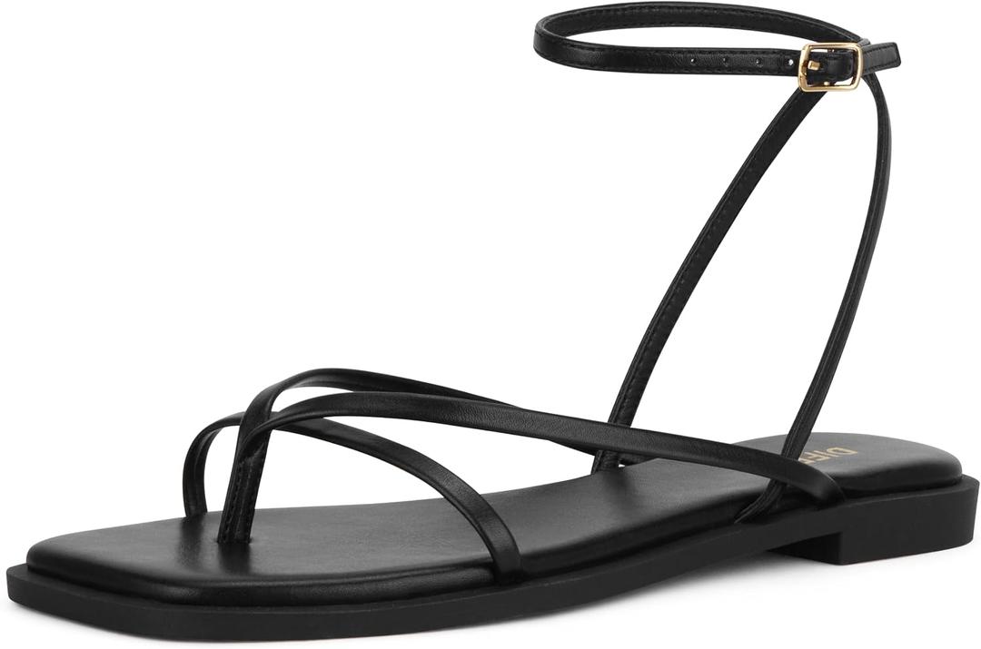 Womens Flats Sandals Square Toe Strappy Ankle Strap Flats, 6