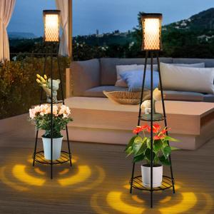 Aialun Outdoor Solar Floor Lamps with USB Charging, 45.67 Inch Tall Double Plant Stand Outside Floor Lamps, Warm & White 3 Modes Standing Decor Lights for Patio, Porch, Deck, Yard, Garden, 2 Pack