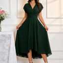Women's Black Chiffon Dress Ruffle Short Sleeve Formal Dresses 2026 Summer Fashion Sexy Empire Waist Midi Dresses (Green)