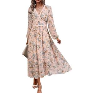 Women's Spring Wrap Maxi Dress Floral V Neck Long Sleeve Wedding Guest Party Casual Chiffon Dress, XL