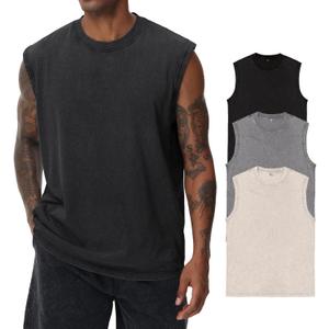 Mens Cotton Sleeveless Tank Tops Cut Off Muscle Gym T Shirts Running Beach Loose Fit Tees (Large, Ivory/Grey/Black)