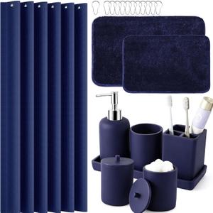 21 Pcs Bathroom Accessory Set with Waterproof Shower Curtain and Non Slip Mat,Resin Bath Set with Toothbrush Holder and Lotion Soap Dispenser,Bathroom Countertop Organizer Set for Home Apartment (Navy Blue)