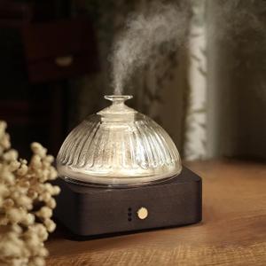 Glass Dome Essential Oil Diffuser with Glass Reservoir & Wood Base-Plastic Free, 200ml Ultrasonic Diffuser for Aromatherapy with Timer 7 Color Light Auto-Off for Gift Home Office Yoga Dark Brown