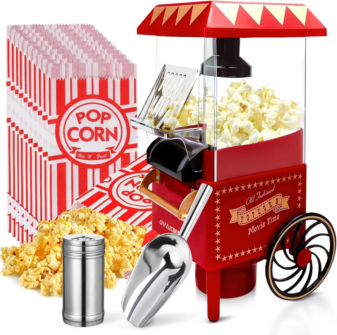 Popcorn Machine, Hot Air Popcorn Maker Kit Gift Box, Portable Home Popcorn Popper Machine, 10-Cup,Oil-Free,Retro Style,Compact and Cute (red/gold)