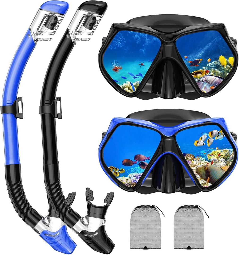 Snorkeling Gear for Adults, Snorkel Set Scuba Diving mask Dry-Top, Adult Swimming Goggles w/Nose Cover, HD Tempered Glass Panoramic Anti-Leak Anti-Fog, Travel Snorkeling Packages (Black+Blue)