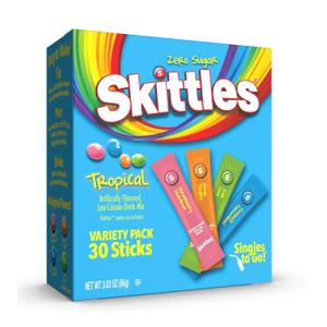 SINGLES TO GO! Skittles Singles To Go Tropical Flavors Variety Pack, Powdered Drink Mix, Strawberry Starfruit, Mango Tangelo, Kiwi Lime, Pineapple Passionfruit, 1 Box (30 Single Servings)