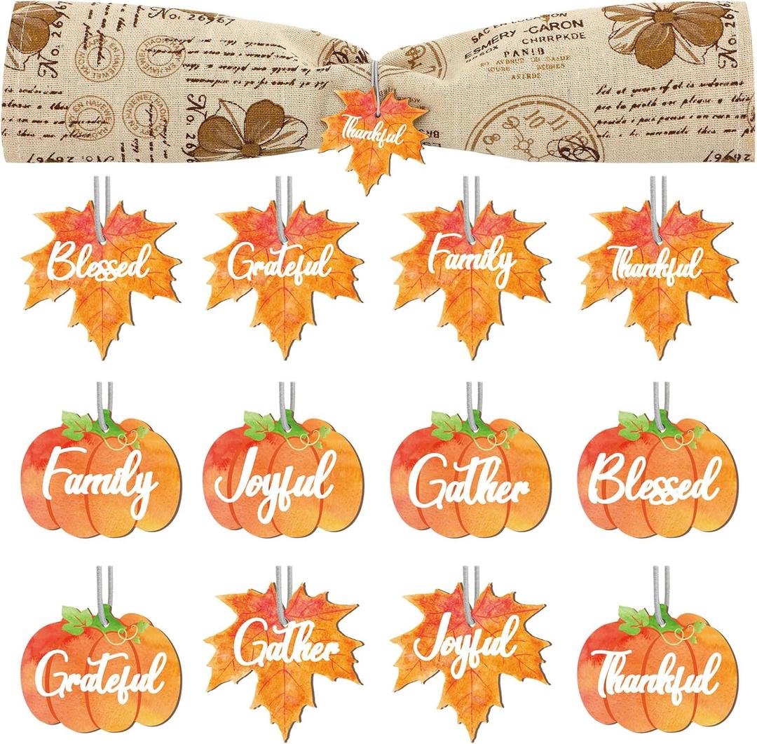 Skyley 24 Set Fall Napkins Thanksgiving Napkin Rings Fall Wooden Maple Leaf Pumpkin Napkin Rings Serviette Buckle with Rope for Thanksgiving Table Decorations Banquet Holiday Dinner Party