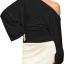Floerns Women's Off The Shoulder T Shirt Asymmetrical Long Sleeve Loose Dressy Tee Tops Black X-Small