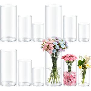 12 Pack Cylinder Vases for Centerpieces 4, 6, 8 Inch Tall Acrylic Cylinder Clear Flower Vase Set Home Decor Centerpiece Table Clear Flower Vase Decorations for Table Shelf, Party, Wedding