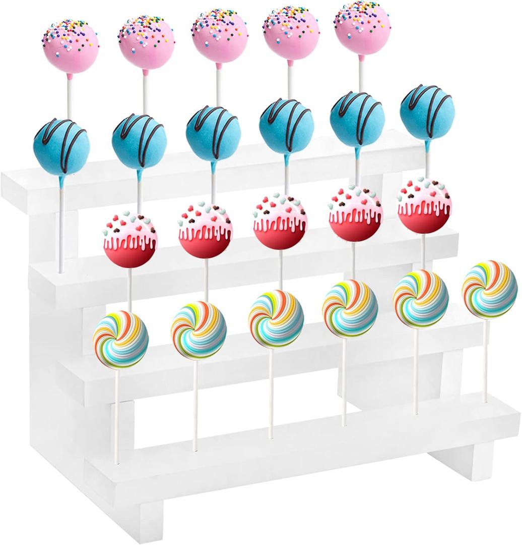 WUWEOT Cake Pop Stand Riser, 22 Holes Wooden Lollipop Holder, 4 Tier White Candy Sucker Display Shelf for Dessert Table of Wedding, Shower, Birthday Party