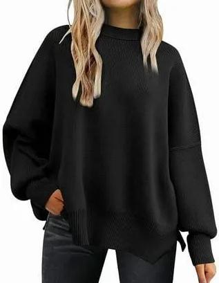 Saodimallsu Womens Oversized Crew Neck Sweaters Long Sleeve Slouchy Knit Fall Casual Loose Side Split Pullover Tops (S, Black)