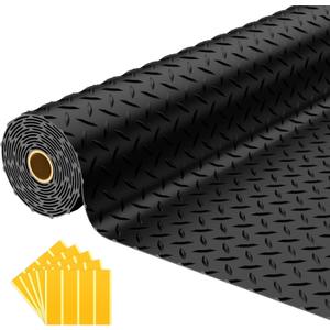 7.5x20 FT Garage Floor Mat, 2.8mm Thickened PVC Flooring Roll for Under Car, 150 SQFT Diamond Plate Black Garage Mats for Garage, Warehouse, Basement, Gyms, TrailerIncluded Tapes