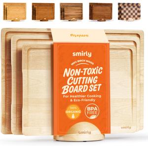 SMIRLY Wood Cutting Boards for Kitchen Wooden Chopping Board Set Reversible with Deep Juice Grooves Grip Handles, Large Charcuterie Tray for Home Kitchen, Natural Birch, 3Pcs with Holder
